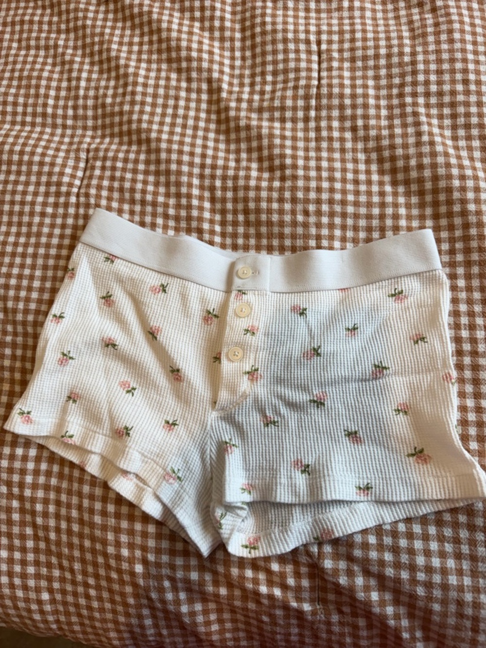 Brandy Melville White Waffle Knit Floral Lounge Shorts with Pink Roses